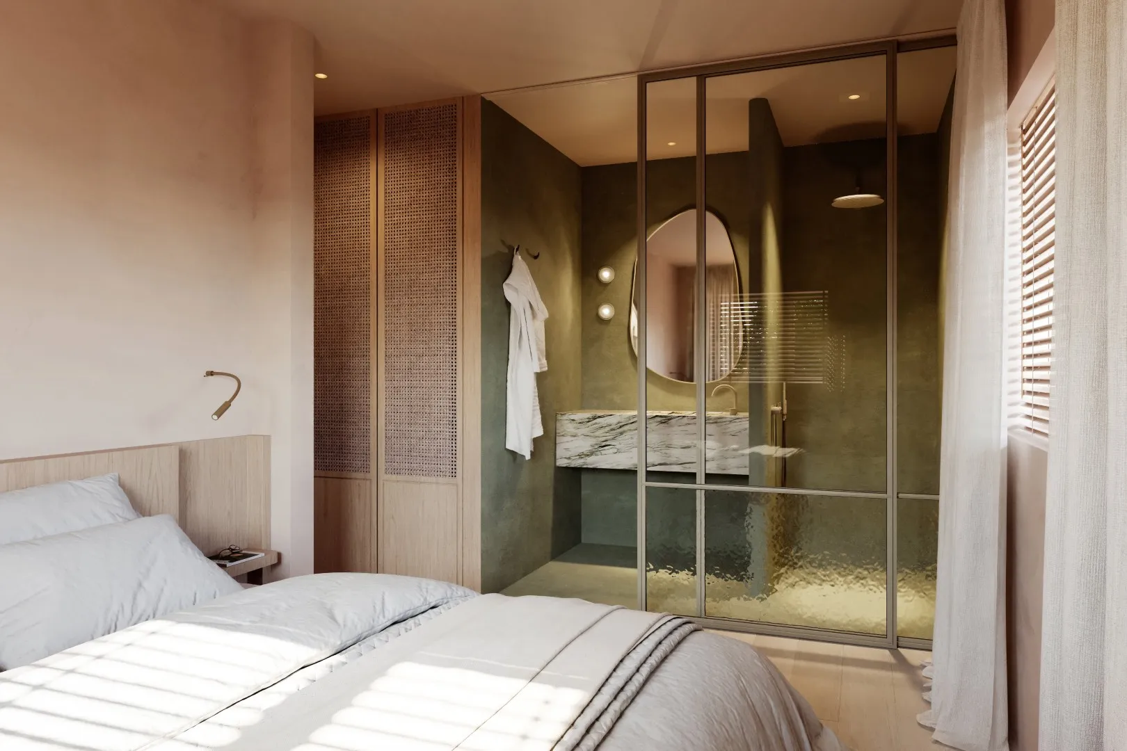 Een slaapkamer met badkamer en suite
